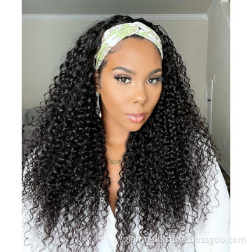 Full Cuticle Curly Headband Wigs Human Hair GlueLess None Lace 10A Virgin Peruvian Head Band double drawn human hair wigs
